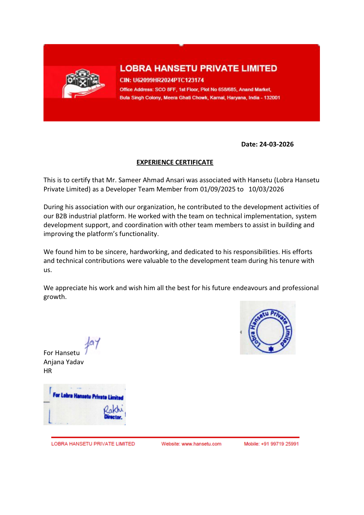 Hansetu company experience certificate preview